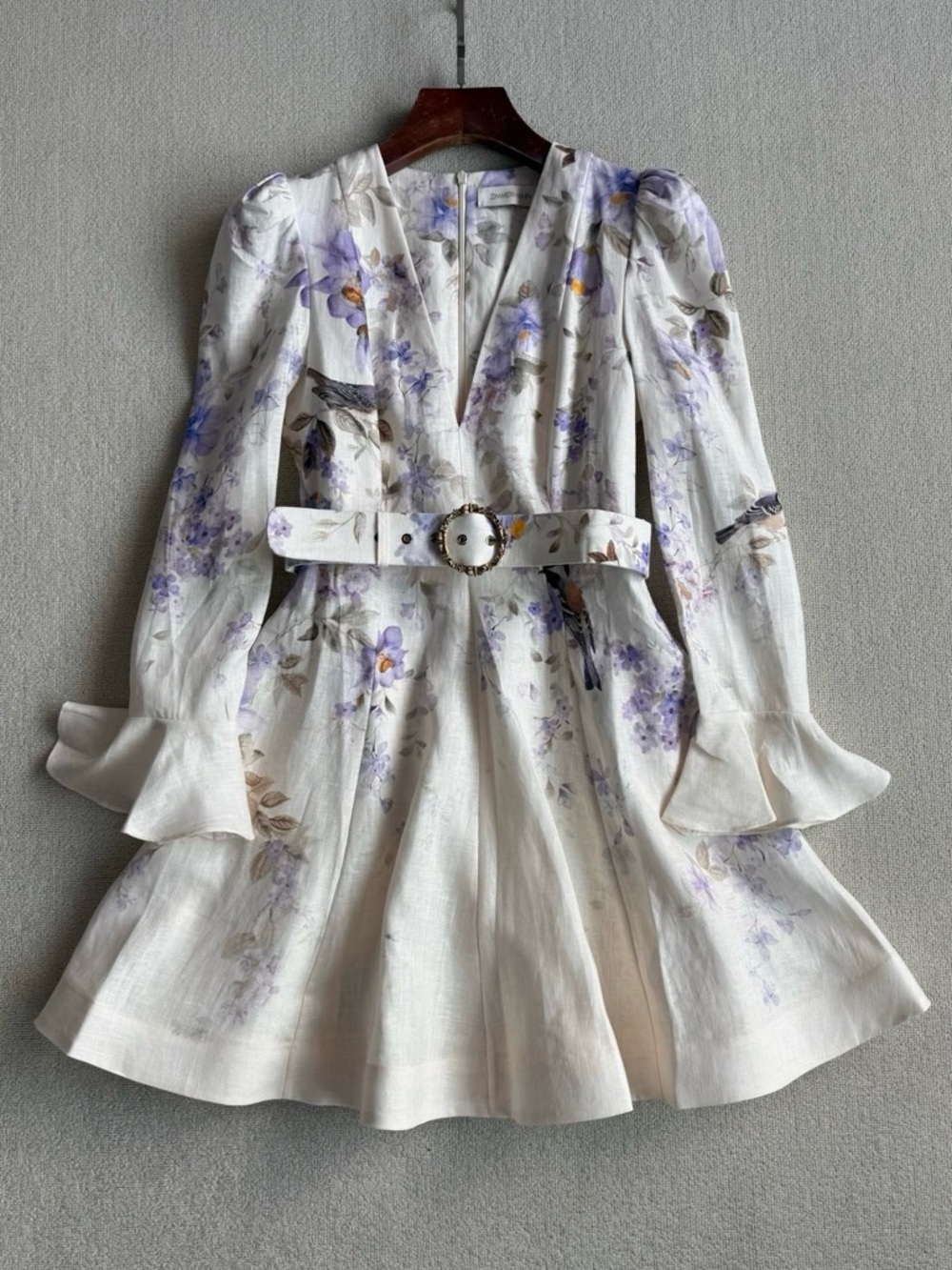 NWOT Zimmermann Floral Belted Linen Dress in Lavender/White, Size AU 0/1/2/3
